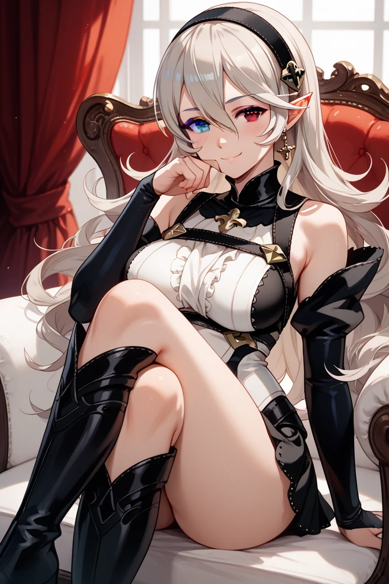 elven girl,hanging, restraint,silver long hair ,large breast,BREAK,navy polyester low-legs leotard,cutout between underboob,black short sleeves,BREAK,boots,red long gloves