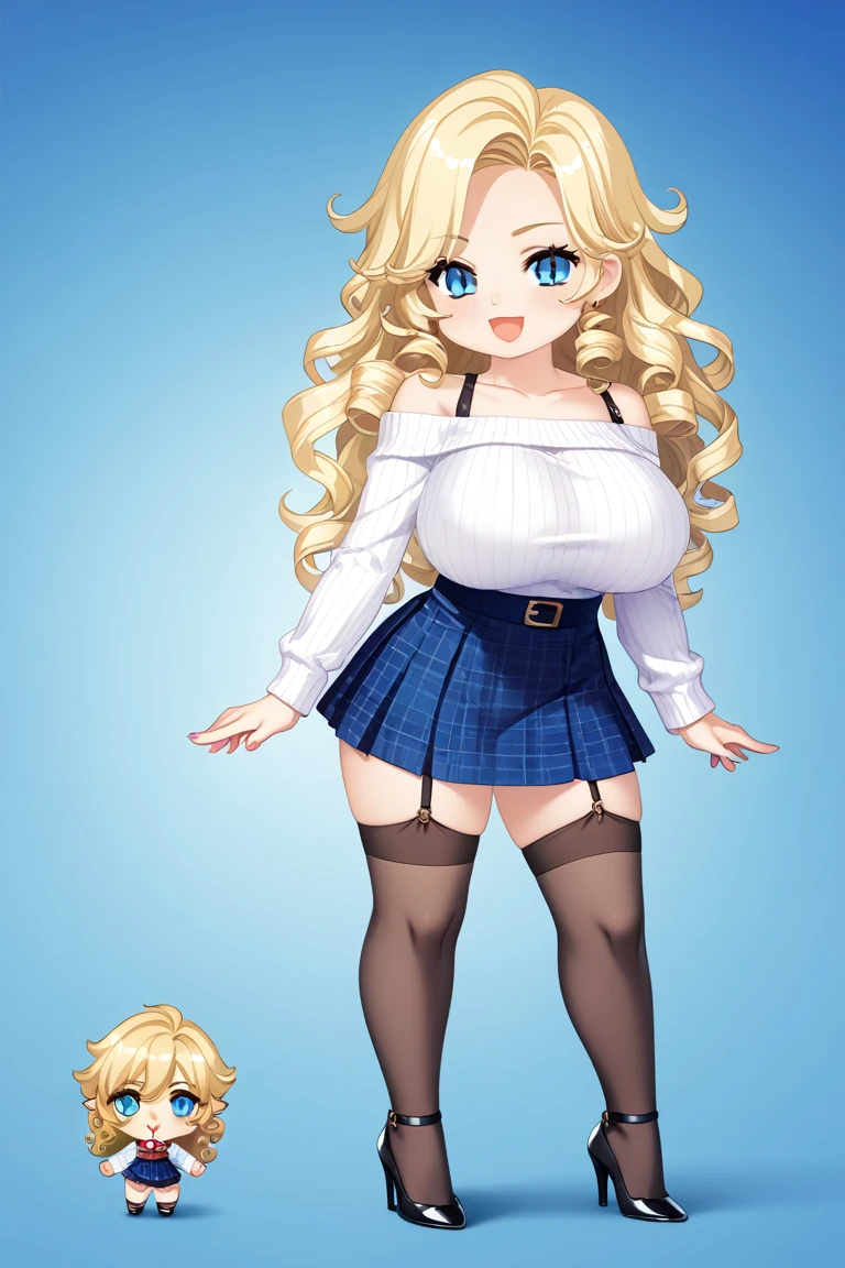 1girl, solo, long hair, breasts, looking at viewer, blush, smile, open mouth, bangs, skirt, blonde hair, large breasts, simple background, hair ornament, thighhighs, white background, cleavage, bare shoulders, brown eyes, jewelry, standing, collarbone, full body, yellow eyes, heart, pleated skirt, earrings, one eye closed, shoes, hairclip, belt, black thighhighs, necklace, off shoulder, black footwear, bracelet, sweater, blue skirt, ;d, hoop earrings