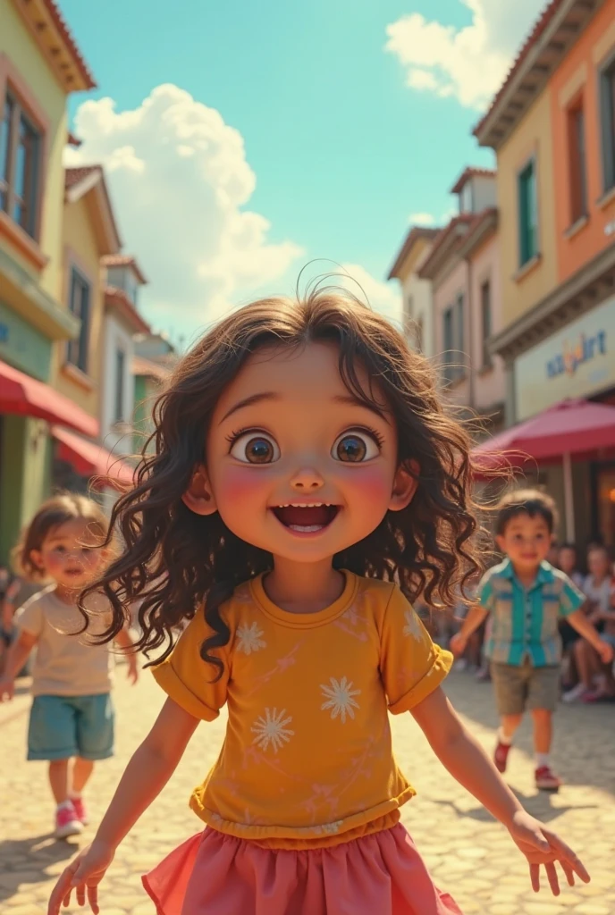 a 5-year-old Brazilian girl, small, olhos honey color, long hair, straight length and curly ends, honey color, white skin with text "MELINA AND MIGUEL ", with the background featuring the characters from the movie Inside Out 2, Pixar-style birthday invitation