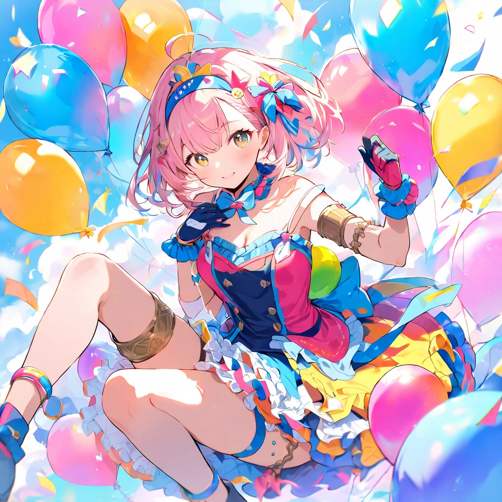 Little男の子、(((Highest quality、Masterpiece、Award-winning works、The best dynamic composition、Super detailed、Anime Style、Perfect Anatomy)))、Little、cute、Flying in the sky with lots of balloons、Wearing a blue costume、cute、Little、Heartwarming、kawaii tech,