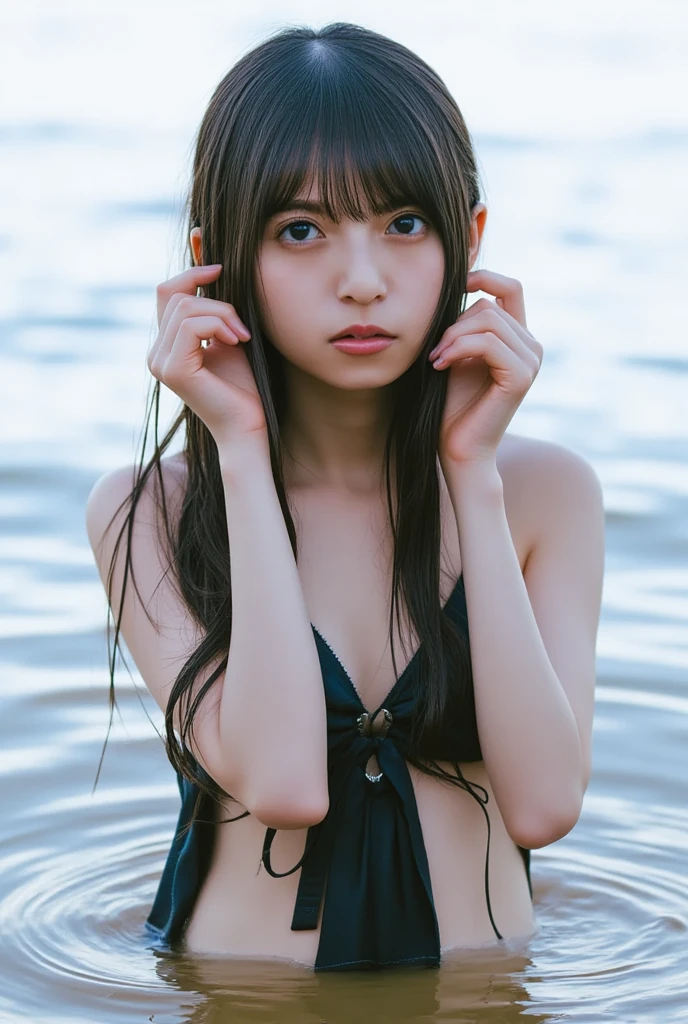 (in 8K、Raw photography、top-quality、masterpiece)、(realisitic、Photorealsitic)、1girl in、A Japanese Lady、18year old、((Detailed underwear))、(Highly detailed facial and skin texture:1.3)、Detailed lips、(skinny body:1.3)、(thin arm:1.3)、(A detailed eye、Sareme)、(shinny skin)、((light brown hair))、(natural soft light:1.3)、((the morning sun))、(poneyTail、Long bangs)、(lake)、(strong breeze:1.3)、((Viewpoint from above))、((Smaller chest))、(Wet body:1.2)、(under the rain)、(Facing up:1.3)、(Hands behind your back)、(With a frown:1.4)、(Crying:1.4)、