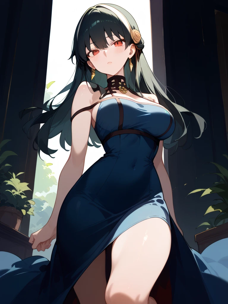 Greek milf woman, wearing a beautiful long black dress, short black hair, with luminous blue eyes, wearing a choker with a blue jewel, sitting on a marble bench in a large red grass garden