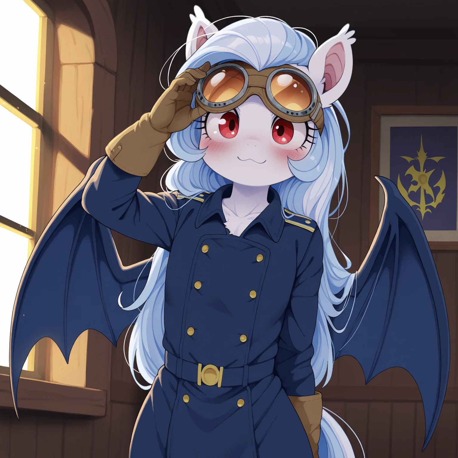 Androgynous, adult, Flat chest, kemono, furry, anthro, bat pony, my little pony, white fur, red eyes, solo, :3 face, Shoulder length hair, wearing a blue military coquette coat dress with arm sleeves, wearing brown gloves, wearing goggles, standing by a window,