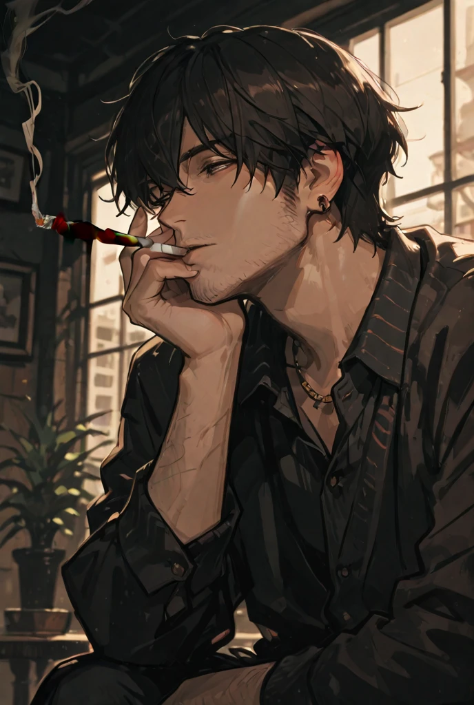 Illustration of a man smoking a cigarette in a dark room, inspired by Raymond Rich, by Raymond Rich, Gendo Ikari smoking marijuana, Hajime Isayama style, Guweiz style art work, Draganvivin style, Diego Dayer, inspired Austin Briggs, Austin Briggs