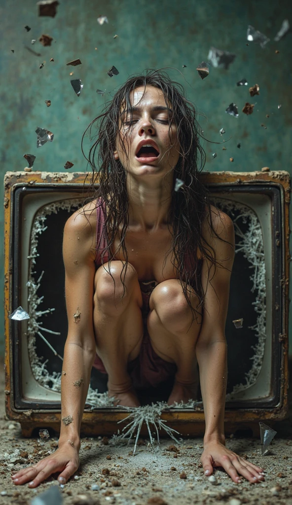 A young teen wearing a bikini laying in an abandoned building. She is wearing handcuffs on both her wrists and ankles. She is screaming loudly and trying to resist