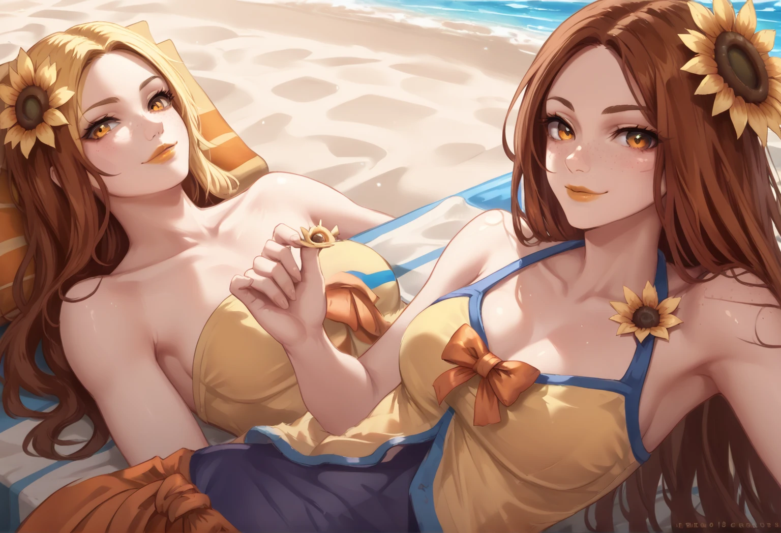 masterpiece, best quality, 2girls, nude, sex, orgy, on island with palm trees and beach, medium breasts, perky tits, sexy, brunettes, long brown hair with curls, 20 years old, beautiful