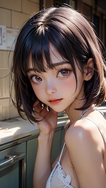 (Top quality masterpiece:1.2) Delicate illustrations, Very detailed, /Beautiful Japanese Woman、1 person,Very cute and slim、Excellent style 、((8K images、super high quality))、Very delicate face, Beautiful forehead、Bright red lipstick,(((((short hair、Light brown hair、Blonde hair))))),very cute、Kind eyes,((((lingerie、Lying on your back in bed))))、starry skies、Tokyo night view