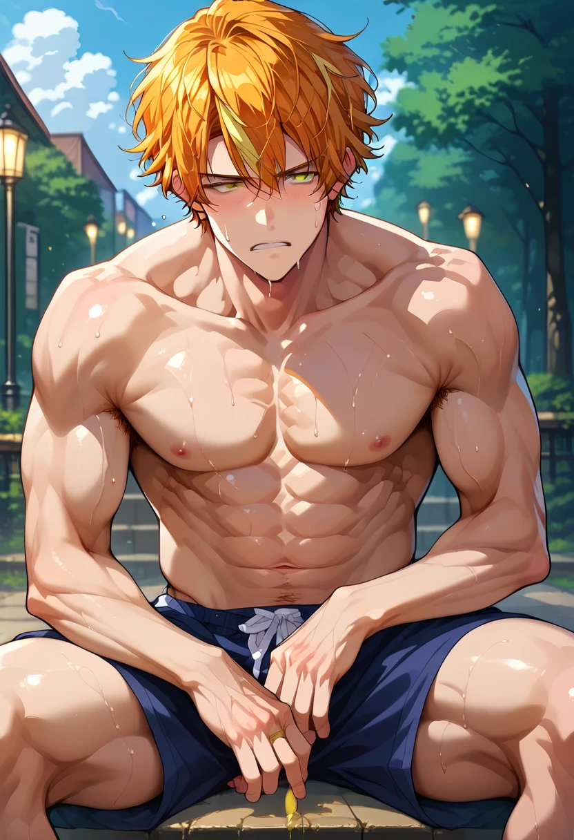 score_9, score_8_up, score_7_up, source_anime, 1boy, dominant white male, male, huge penis, enormous ligh skinned male penis, precum, smug, muscular light skinned male, sexy, nude, sitting on loveseat, indoors, horny, big dick,twink, lean, twink boy, yumejoshi, femporn, nami, one piece