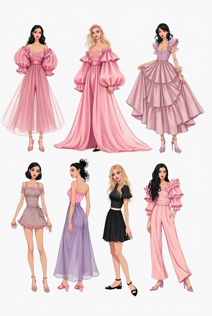 tariq, 
illustration, ink color, watercolor,  white background, 
super long legs, 
long hair, looking at viewer, smile, multiple girls, blonde hair, brown hair, black hair, dress, holding, bare shoulders, jewelry, closed eyes, ponytail, flower, earrings, sleeveless, bag, black dress, high heels, bracelet, cup, hand on hip, strapless, sleeveless dress, blue dress, table, 5girls, animal print, pink dress, holding cup, drinking glass, handbag, pink footwear, wine glass, leopard print, fashion, champagne flute,
<lora:anumtariq-04:1>