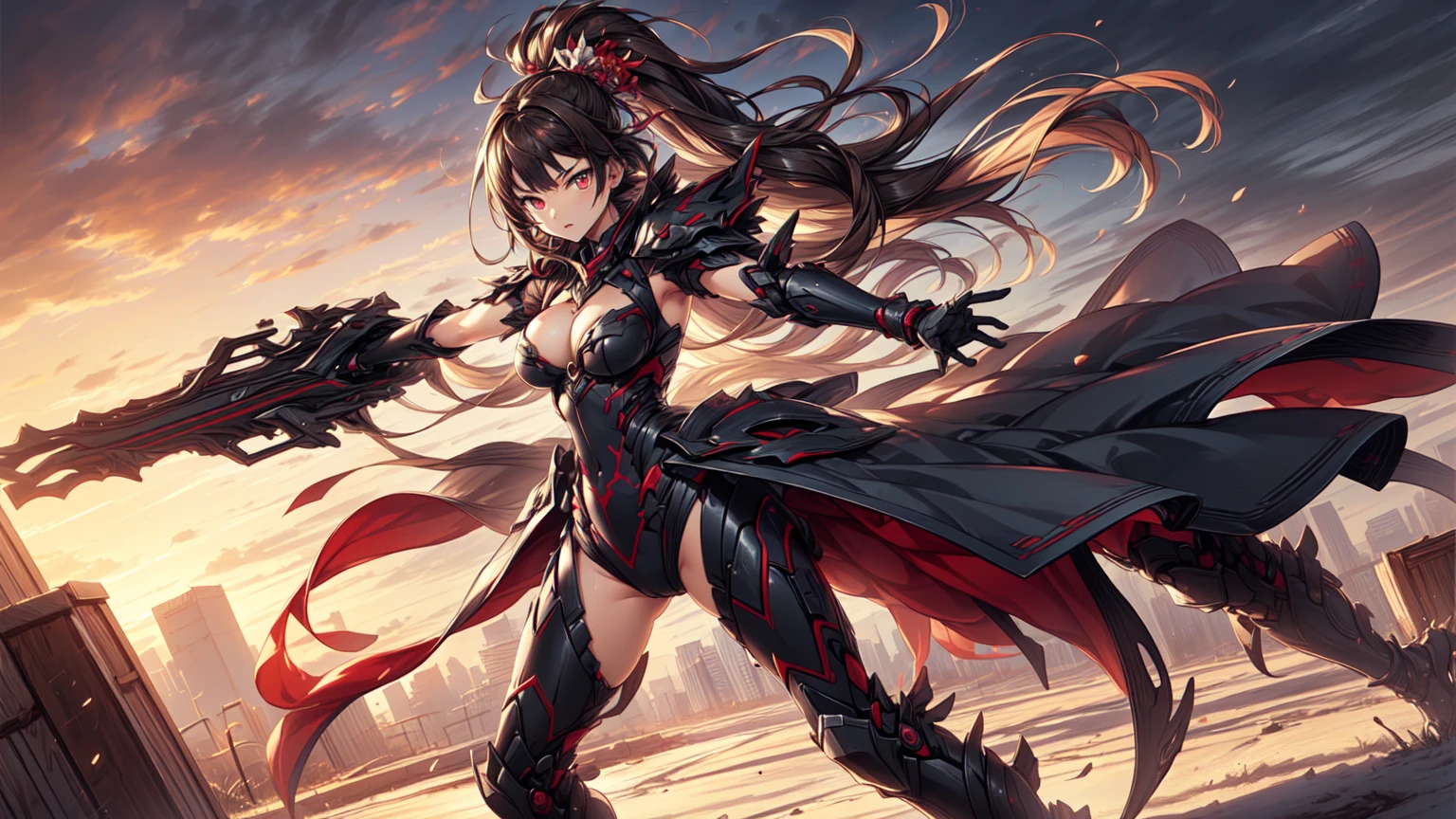 top-quality、Top image quality、masterpiece、girl with((18year old、cyborgs、System Dynamicetallic body、Best Bust、Medium bust、Long black hair、 red eyes、Beautiful back、deadpan、Breasts wide open、Show Back View、low angles))hiquality、Beautiful Art、Background with(A desert、Collapsed buildings、natta、nigh sky、stele々)),masutepiece、Elaborate design、visualart、depth of fields、The best lighting、highestdetailed、low angles
