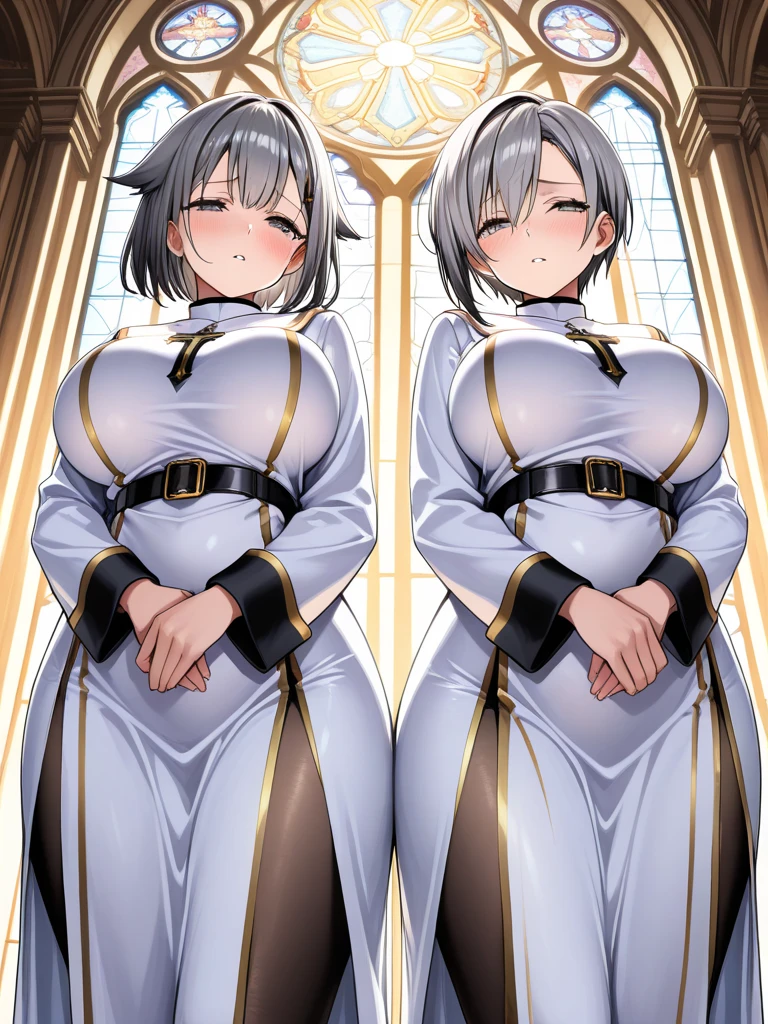 masterpiece、top quality,2 women、One is a very short e is a tall woman、 、They both have gray hair.、Very Very Longhane Details、a little smile、cute、sparkling eyes、a little smile、bright white lights、The height difference between the two is significant.,nipple,ties,leakin,Adult products