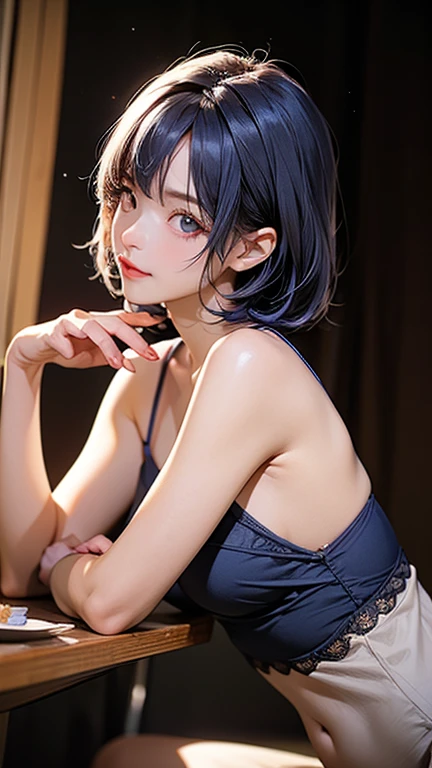 shape,, Highly detailed CG Unity 8K wallpaper, UHD, retina, masterpiece, Accurate, anatomically correct, Super detailed, advanced details, high quality, Awards, 最high quality, High resolution, excellent anatomy, 1080P, HD, 4K, 8K, 16k, 1 girl,原神Yelan 、dynamic pose, neutral, fine eyes, Fine clothes, thin hair, rendering, blue hair, Cute Waifu, Yelan, portrait, Cut your bangs, short hair, rock, Chest Window, bare shoulders, removed sleeve, blue eyes, looking at the viewer, smile, white background, young woman, cinematic lighting, bare chest