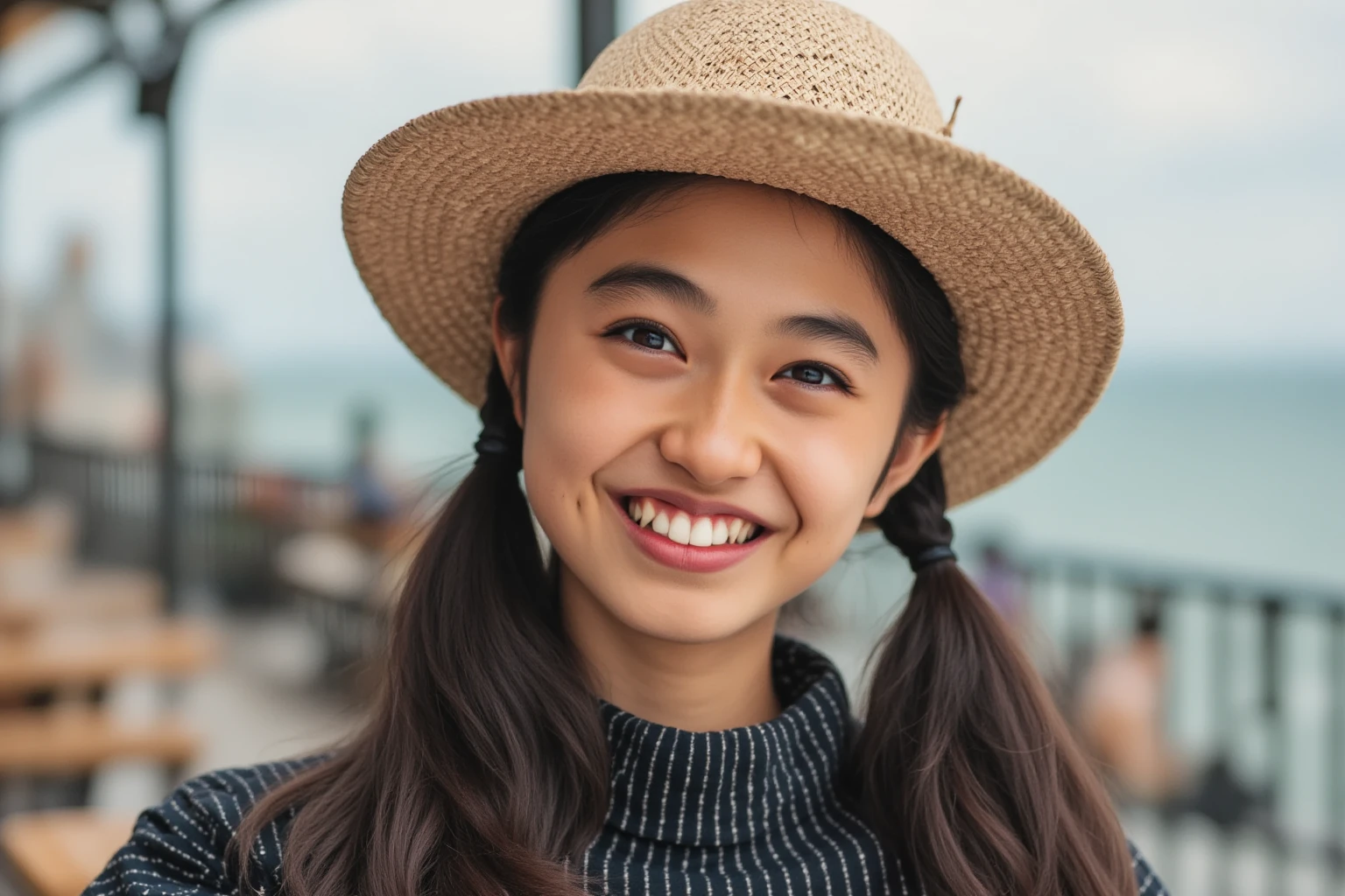 masterpiece,best quality,(Japanese ),((Beautiful girl)),cleavage,(perfect body beauty:1.2),(shy smile),beautiful teeth,(Blurred background of brick buildings),(hat),
