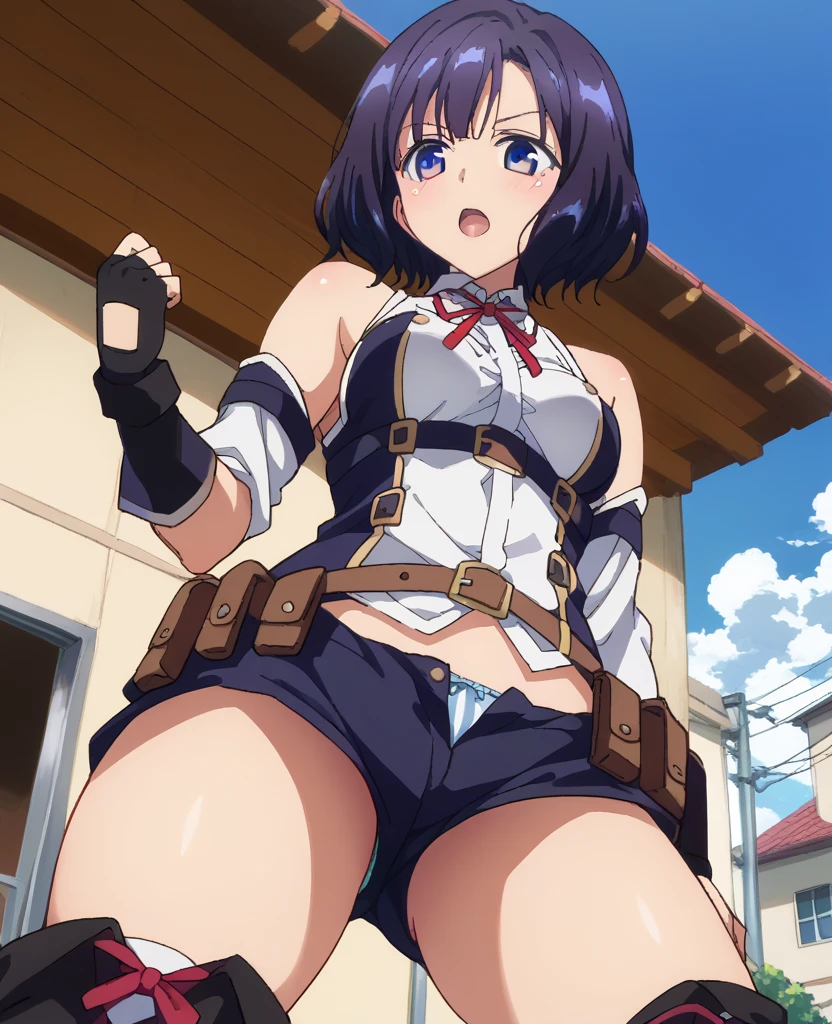 himikotoganova, (1girl, solo), (perfect eyes), simple background ,black hair, double bun, messy hair, bangs, big breasts, yellow eyes, bags under eyes, smile, open mouth, (sweatshirt, n, thighs, lace stockings ), looking at viewer, choker, sitting on plushie, ebarrassed,