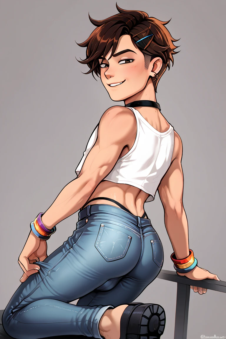 score_9, score_8_up, score_7_up, score_6_up, score_5_up, score_4_up, highest_quality, masterpiece, drawn by oro97 male, trap, black hair, androgynous, feminine male, femboy, girly, crop top, midriff, sweaty, shiny skin, denim shorts, high rise thong, pulling shorts down, biting lip, behind building, in alleyway, penis bulge