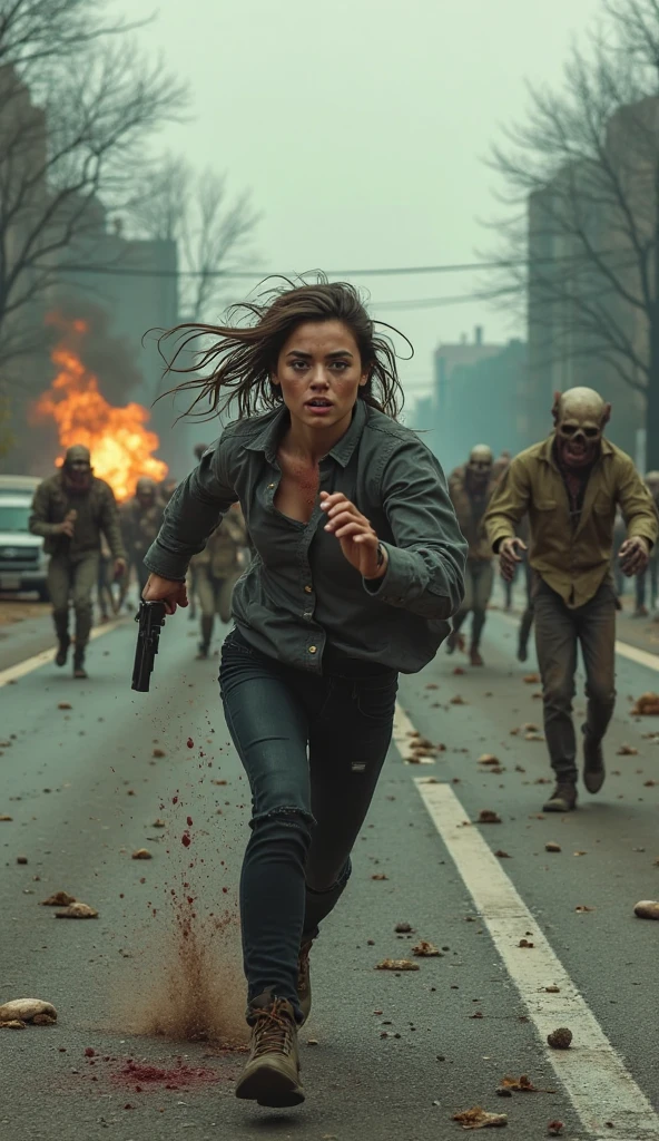 Mujer hermosa peleando por su vida con zombies mientras corre por una ciudad caotica