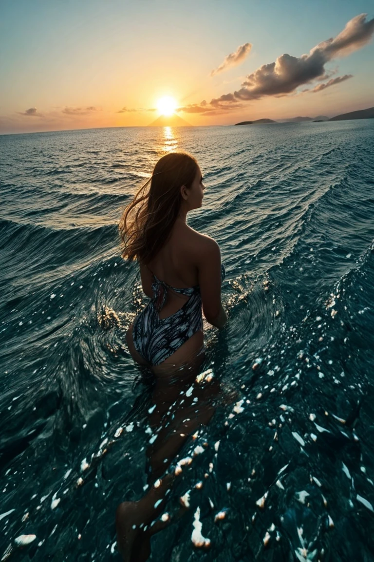 1 girl beautiful 13 years slim, long blonde hair small swimsuit, Meer wellen Strand Sommer Sonnen untergang, UHD, masterpiece, anatomically correct, high details, highres, best quality, super detail, 8k
