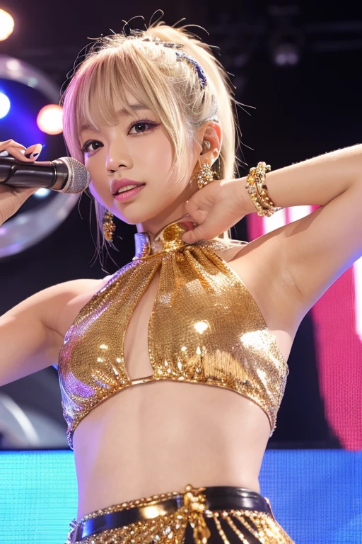 (8k, ultra high res, best quality, masterpiece:1.1), (realistic, photo-realistic:1.1), ultra-detailed, bloom, bokeh, cinematic lighting, light glow, 1girl, japanese girl, (athlete:1.1), beautiful detailed eyes, beautiful detailed teeth, smile, (full body:1.1), slim, flat chest, blonde ponytail hairstyle, bangs, square-shaped face, upturned eyes, button nose, shallow philtrum, berry plump lips, boxing, red boxing outfit, boxing ring