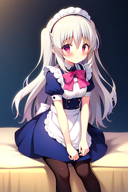 1girl, Small , cabello rubio, ombligo visible, Cola de caballo, Ropa interior blanca, ropa interior abajo, Small blue skirt, trasero visible, en la cama