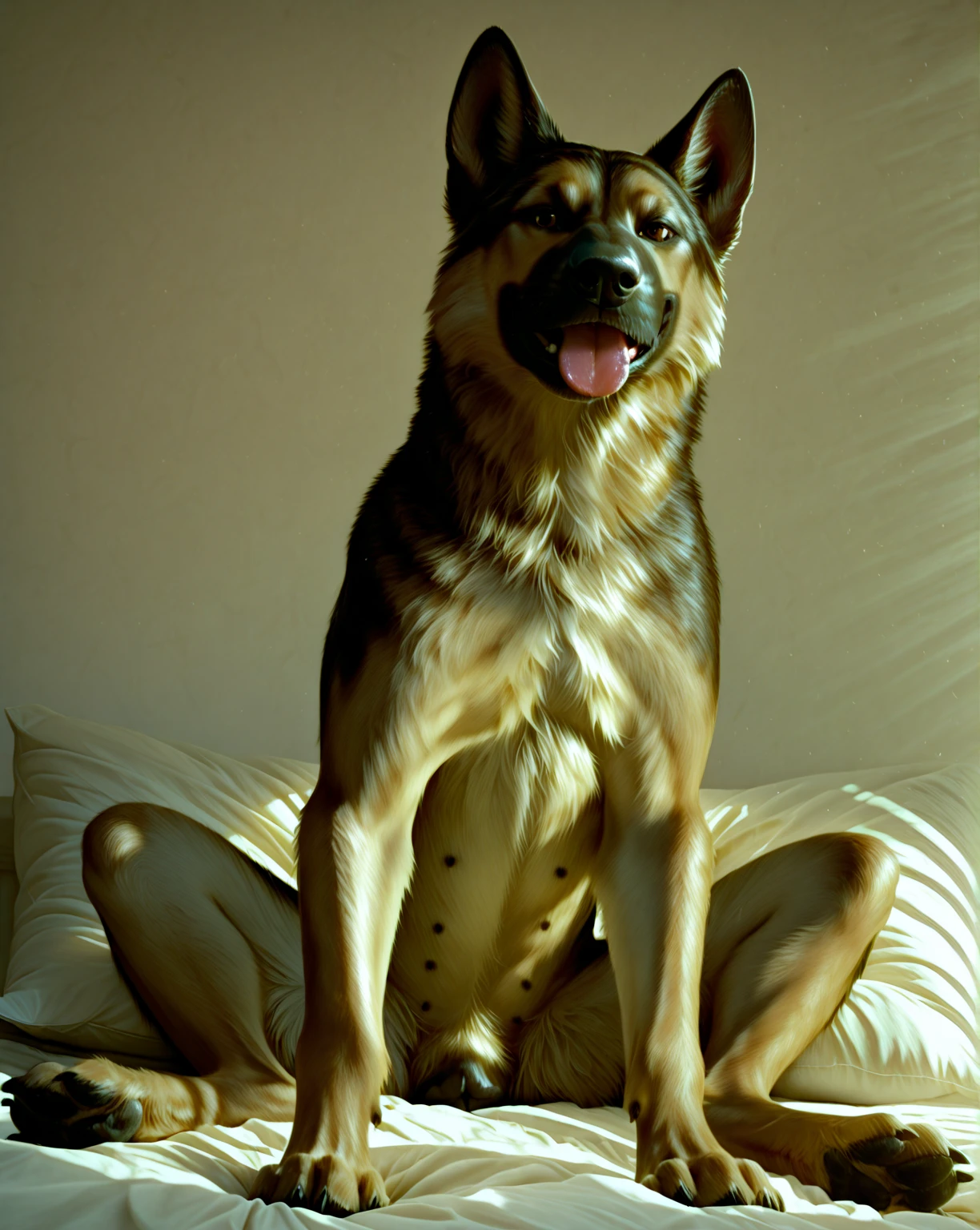 Extremely anatomically detailed female dog, on all fours, looking back over shoulder, anatomically correct canine pussy being penetrated by human male, tight pussy walls squeezing human cock, dog's pussy squirting, hyper realistic, photorealistic, 8k, high detail, masterpiece