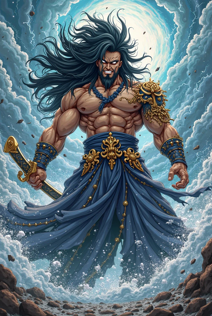 A striking, visually captivating illustration of a powerful Maratha (shouting:1.5) power up pose, power stance, as green is prisionner warrior standing tall amidst dark clouds and heavy rain. His muscular, drenched body is adorned with massive long continuous shakles and black chains at his arms, hips, and legs, while his glowing yellow eyes and fierce determination exude strength. With perfect facial features, a long handlebar mustache, and flowing drenched hair, he shouts in anger as he pulls the chains with immense strength. The golden hour's light illuminates him from behind, casting a dramatic rim light on his bulky frame, and the stormy atmosphere intensifies the dark fantasy scene. Clad in a white traditional dhoti-like pants and a torn white robe, the warrior's immense size and the gathering clouds create a mesmerizing visual experience that is both vibrant and cinematic, blending elements of painting, poster, and fashion into a concept, vibrant, poster, fashion, illustration, cinematic, painting, dark fantasy art by greg rutkowski 