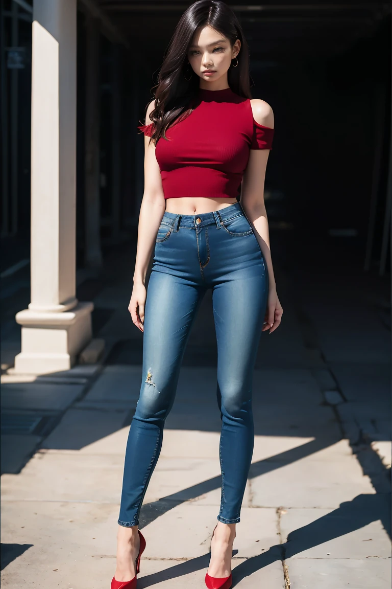 (RAW shooting, Photoreal:1.5, 8k, highest quality, masterpiece, ultra high resolution), perfect dynamic composition:1.2, Highly detailed skin and facial textures:1.2, 1girl:1, caucasian:1,Glamourous female, beautiful and aesthetic:1.2, sexy beauty, perfect style, belief, Strong-willed, revenge, Fair skin, very beautiful face, (large breast:1.4, Chest gap:1.4), (beautiful eyes, Eyes that feel beautiful eros:1.0), (Too erotic:0.9, Bewitching:0.9), (full body photo:2), (perfect limbs:1.2), (perfect fingers:1.2),(earrings,necklace,perfect thigh,make up,red top:2, jeans:2, sleeveless:1.4, shoes,single braid,brown hair,belt:2,sexy pose),(simple background:1),(((walking))),