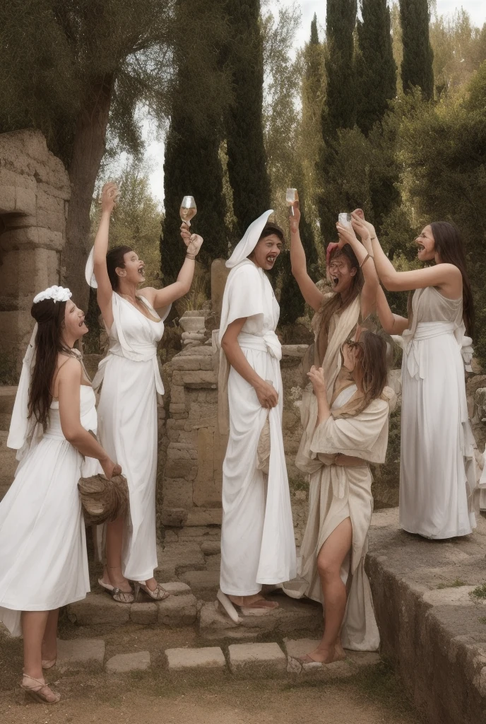 on a garden, small full body, foot on ground, naked, six females greek with cloak are running, female greek, painted of rugged zeus and queen hera, god of thunder, female greek god, white hair, masculine, mature, handsome, upper body, muscular, hairy torso, fantasy, intricate, elegant, highly detailed, digital painting, artstation, concept art, smooth, sharp focus, illustration, art by gaston bussiere and alphonse mucha, almost naked