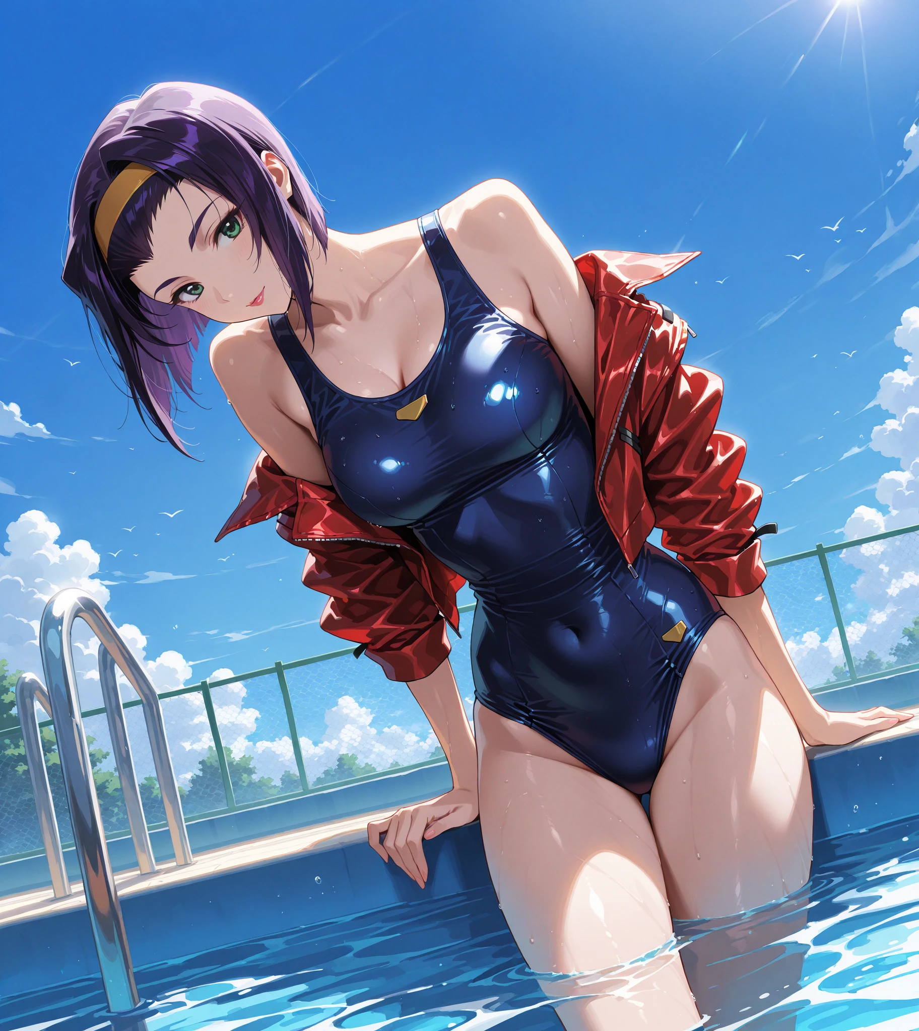 A boyish, short-haired, busty, beautiful-legged woman is standing by the pool in a competitive swimsuit.。Angle from behind。Being photographed by a grinning middle-aged man。