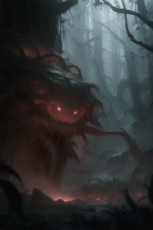 shadow figure, scary, horror, forest, red led, red graffiti, fog, 8k, high quiality, ambient occlusion