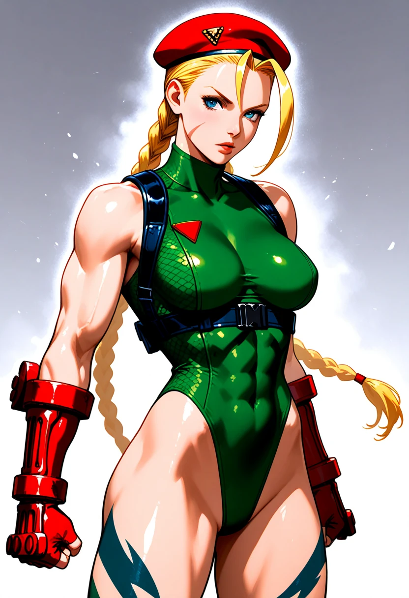 masterpiece, best quality, highres, 1girl, cammy white, twin braids, long hair, blonde hair, antenna hair, beret, (red headwear:1.3), blue eyes, scar on cheek, neon leopard print leotard, large breasts, sleeveless, red gloves, fingerless gloves, (digital camouflage:1.2), cowboy shot, standing, outdoors, arms at sides, straight-on, <lora:cammy_white_v1:.7>, masterpiece:2, photorealistic, octane render, best quality, looking at viewer, looking down, sharp focus, (8k), (4k), (Masterpiece), (Best Quality), (realistic skin texture), extremely detailed, intricate, hyper detailed, , illustration, soft lighting, , high resolution, sharp detail, blush <lora:Blame!:1> blam