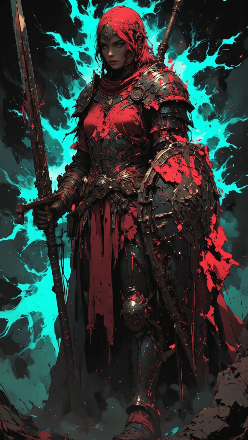1boy, man, (masterpiece:1.2), (best quality:1.2), extremely detailed, highres, khorne, red armor, full armor, skull, <lora:khorne:1>, spiked armor, chain, helm, helmet, horned helmet, pauldrons, sword, torn cape, gauntlets, black fur, plate armor, glowing eyes, red eyes