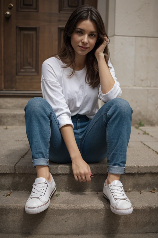 full body,from below,photo of a 25 year old girl,kneeling,bare hands,happy,shirt,pants,ray tracing,detail shadow,shot on Fujifilm X-T4,85mm f1.2,sharp focus,depth of field,blurry background,bokeh,lens flare,motion blur,<lora:add_detail:1>,