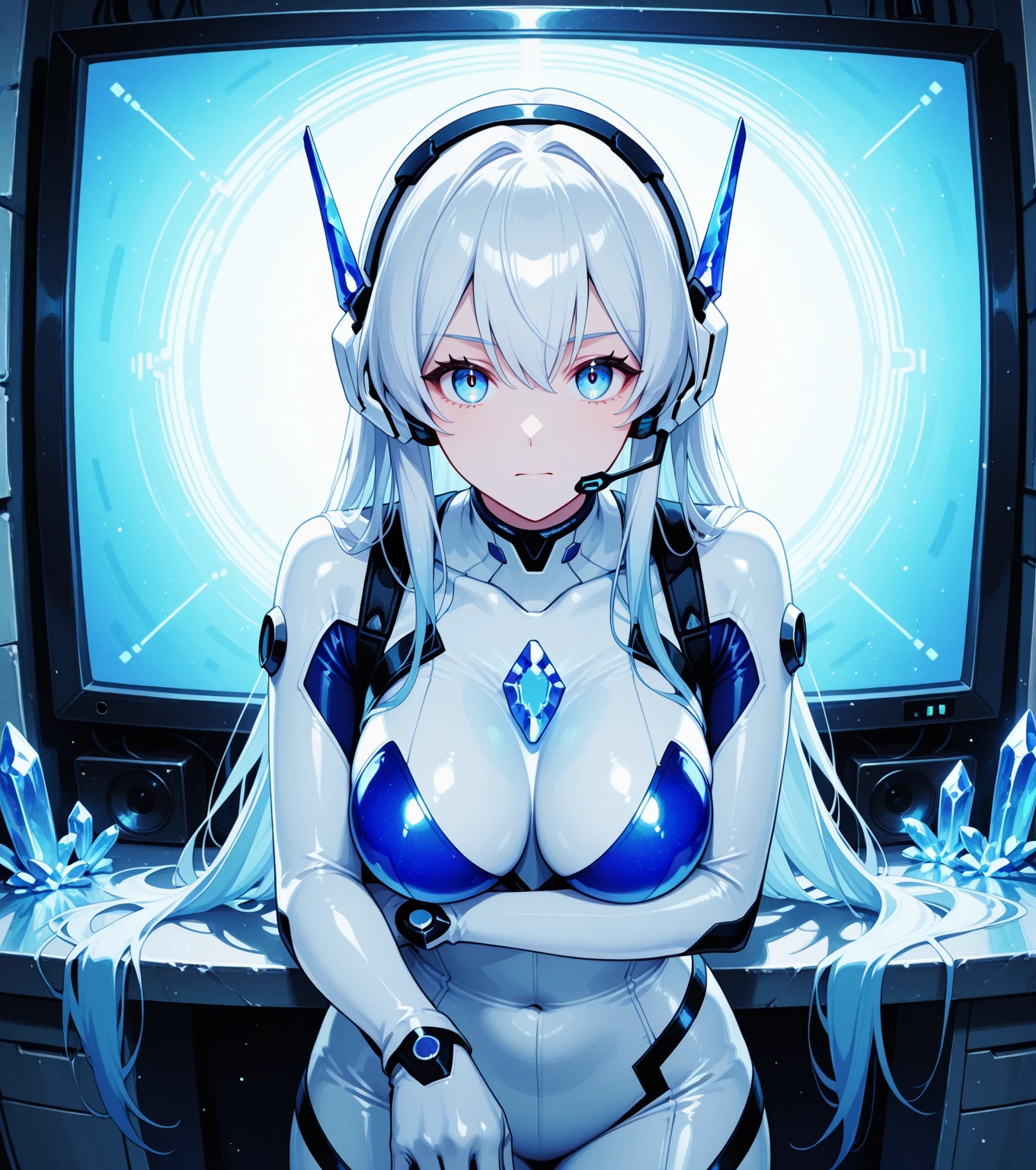 (masterpiece:1.3), (8K、best quality:1.3), (Photorealistic Anime Girl Rendering, ((Draw the outline with a line drawing)), Realistic anime 3D style), (1 girl), (very beautiful 14 year old girl), (cute, little:1.3), Symmetrical perfect face, Beautiful light blue bob cut, bangs, intense blue eyes, Eye-catching highlights, Realistic eyes, Beautiful eyelashes, Great smile, Accurate and natural normal size breasts, Perfect Anatomy, Glowing Skin, Highly detailed skin, Silver metallic sleeveless dress, Lace ornament, Exposed shoulders, Decorative choker, Silver long boots, Silk lace bra and panties, Light blue cat ears, Sleek and futuristic headphones, Take a seat in a futuristic space shuttle, Dynamic Angle, Cyberpunk Background, The cockpit instruments and monitors light up., Volumetric lighting, Soft Light, bright, neon, bright色, Create digital artwork in pop art style
