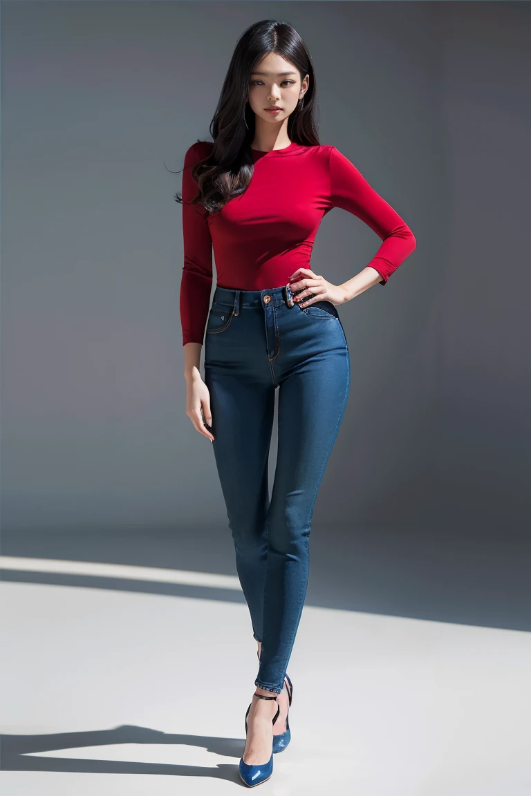 (best quality,4K,high resolution,masterpiece:1.2),Very detailed,Practical,photoPractical:1.37,portrait,beautiful eyes,Delicate lips,Strong gaze,Beautiful figure,Curved hips,Slim waist,Wide hips,Red Racing,Red shirt and jeans,Alfa Romeo Ms..,Wear tight, Simple clothes,Kimi Bella,F1 driver Charles Leclerc,Red clothing with Ferrari logo,Tight clothing,Upright posture,Confident look,Radiant Skin,Heavy makeup,Bold Hairstyle,Stunning model-like features,Long legs,Stilettos,Thigh width,Elegant Posture,Glamorous charm,Photo shooting settings,Studio Lighting,High contrast,Rich colors,Sexy atmosphere,emotional atmosphere.