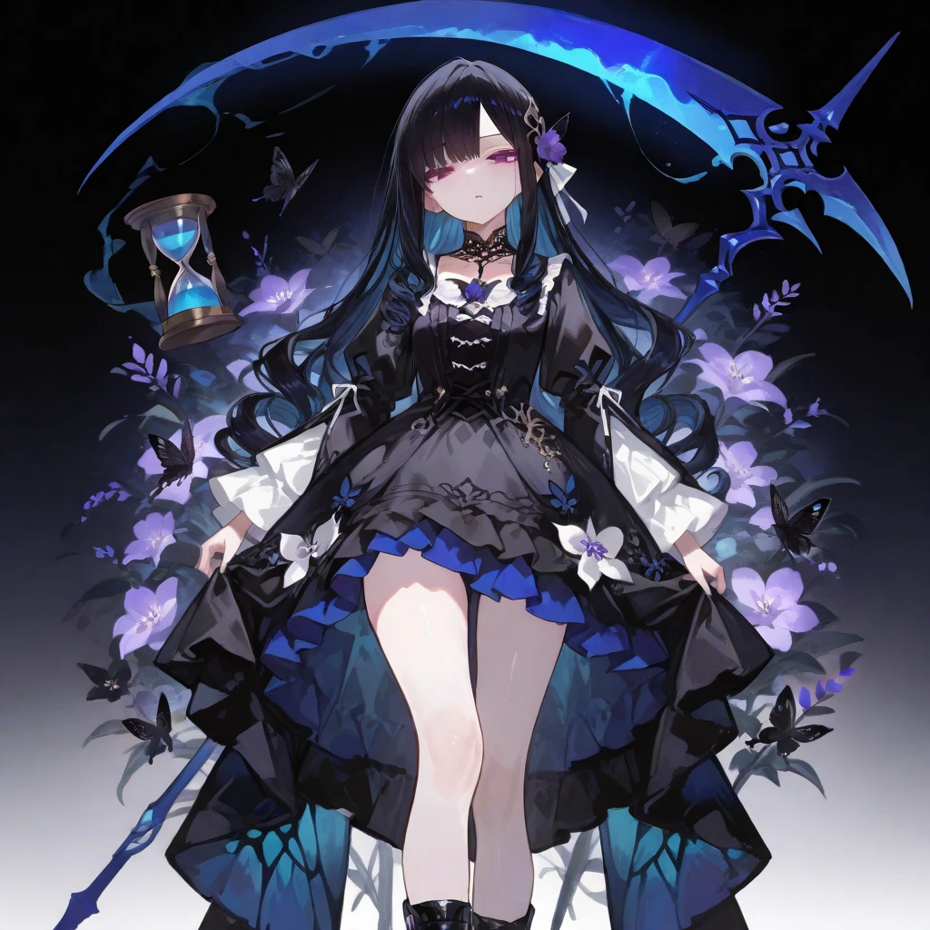 1girl,(((Highest quality、Masterpiece、Official Art、The best dynamic composition、Super detailed)))、Anime Style、Perfect physique、The coolest pose、Cute Grim Reaper、Death's scythe is red and black、Detailed engraving、Black hooded cloak、Super huge、detailed、In the middle of swinging down a scythe with both hands、Red spider lily background、
