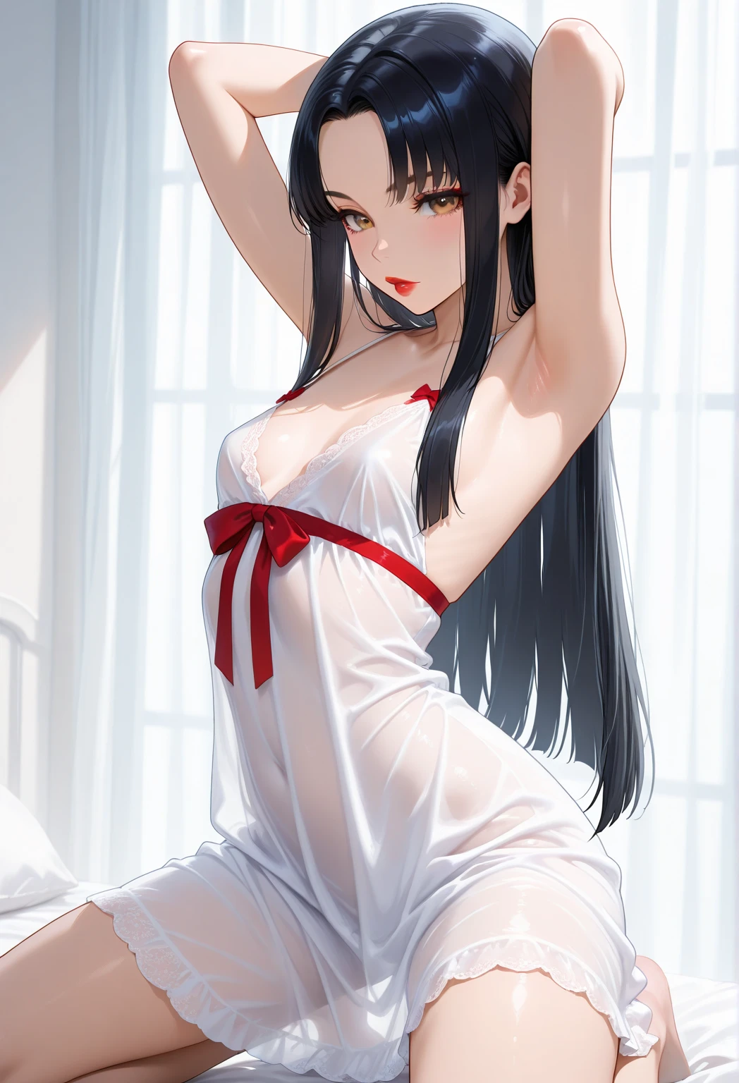 ((masterpiece, best quality)),((high resolution:1.3)), 1 Girl, solo, Cowboy Shot, Blurred Background, silky hair, (((Small breasts:1.3))), Thighs, (((cool Pose))), ((mini dress)), ((show underwear)), ((dress lift))