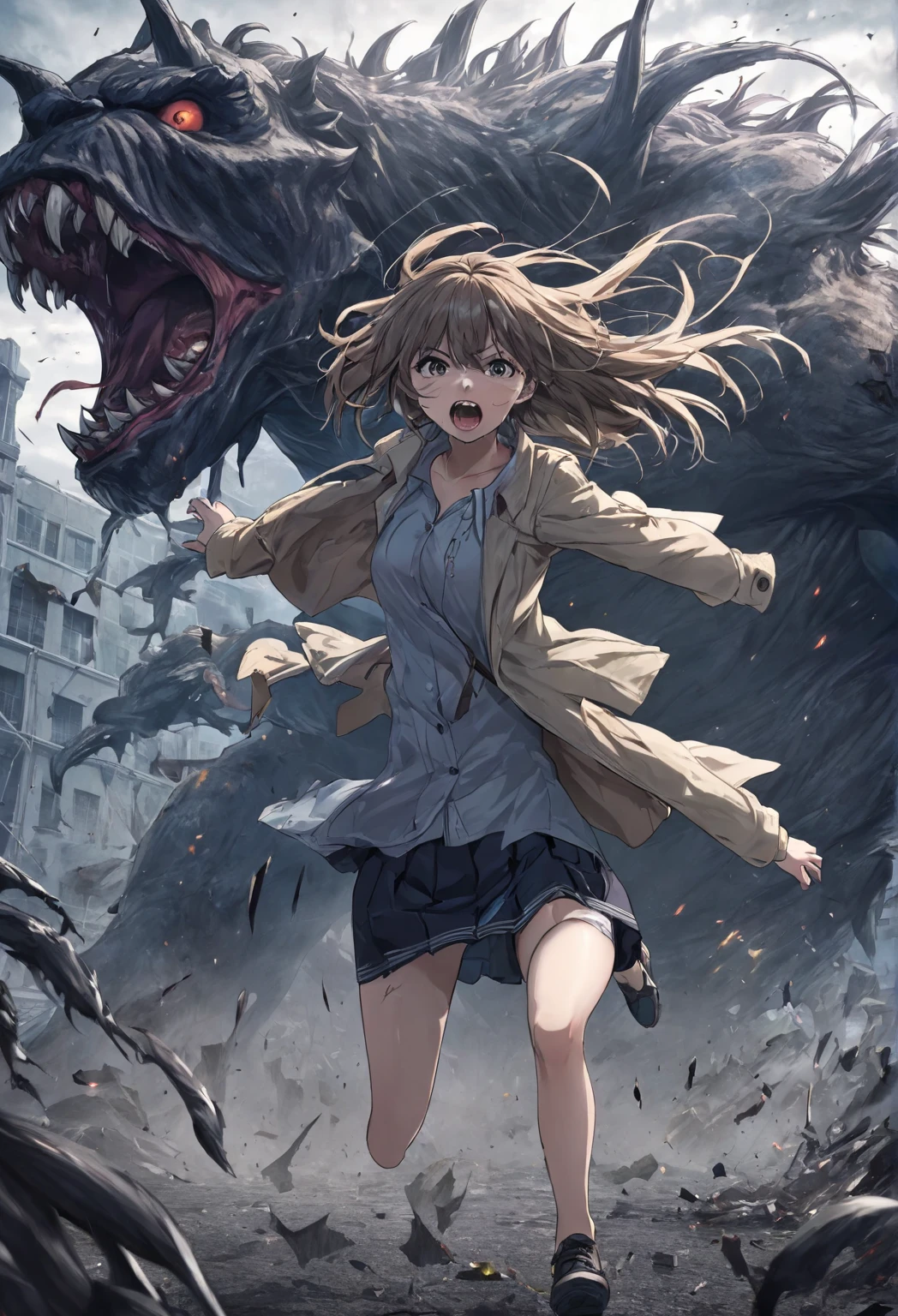 masterpiece,ultradetail, <lora:anmnr01:0.3> <lora:add_detail:0.5>,<lora:GoodHands-vanilla:0.8>,1girl,building, city, monster, battle, destruction, debris <lora:battleInCity:0.7> <lora:AkaneS:0.7>akanes,open mouth,