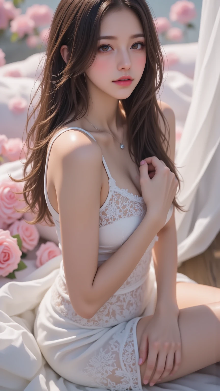 Slip dress，gently smiling，The face is covered with a gas mask woven with flowers and green leaves