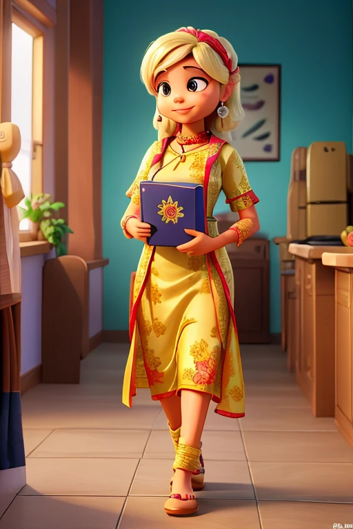 金と赤のアオザイを着た女性のCartoon characters、at the library、She has a very short blonde pixie-style animated character hair, Stylized characters, Animation-style rendering, 3d stylized, Arnold Maya rendering, Stylized 3D rendering, toon render keyshot, 3D text, 3D text, Stylized 3D rendering, 3D textレンダリング, Cartoon characters, Close-up persona, Text pose, (Pixar-style) (Master part:1. 2) (Bokeh) (Highest quality) (Detailed skin) (Detailed Texture) (8k) (Argilla) (Cinematic Lighting) (Sharp Focus)、(((bust90centimeter)))、(((Cleavage Emphasis)))