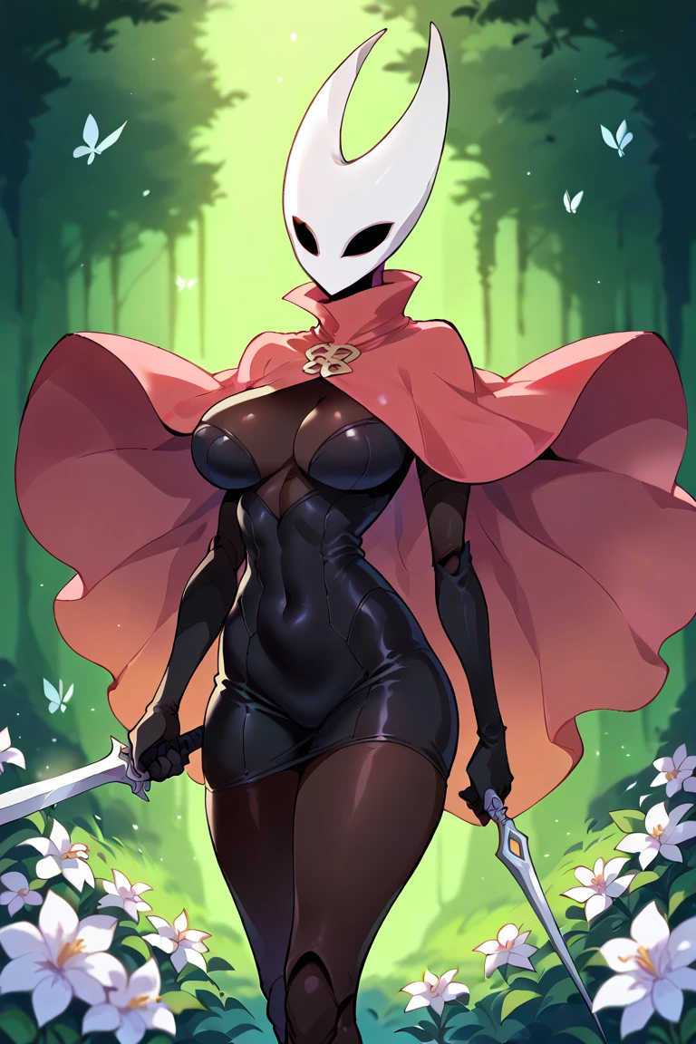 cowboy shot, hornet, mask, black skin, black eyes, Best quality, Ultra-detailed, dark and mysterious lighting, realistic details, curvy, deep blush, thick thighs, large breasts, wide hips, large ass, wet, showing sexy legs, shiny, bottomless, navel, red capelet, pussy,