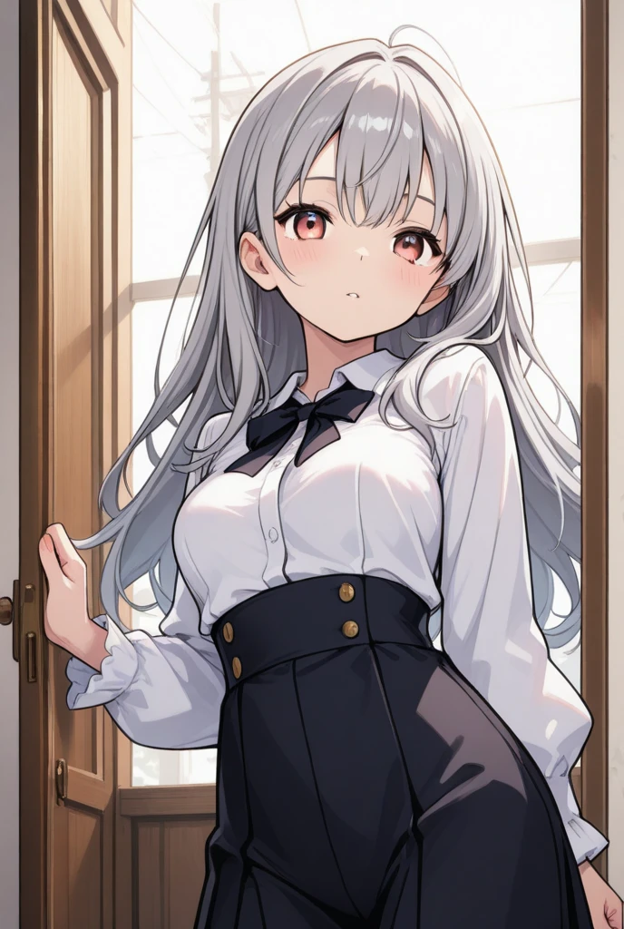 masterpiece, best quality, ultra-detailed, illustration, 1girl, (EMB_elaina-no-hat:0.8), ((cropped arms)), white shirt, skinny, flat chest, silver hair
