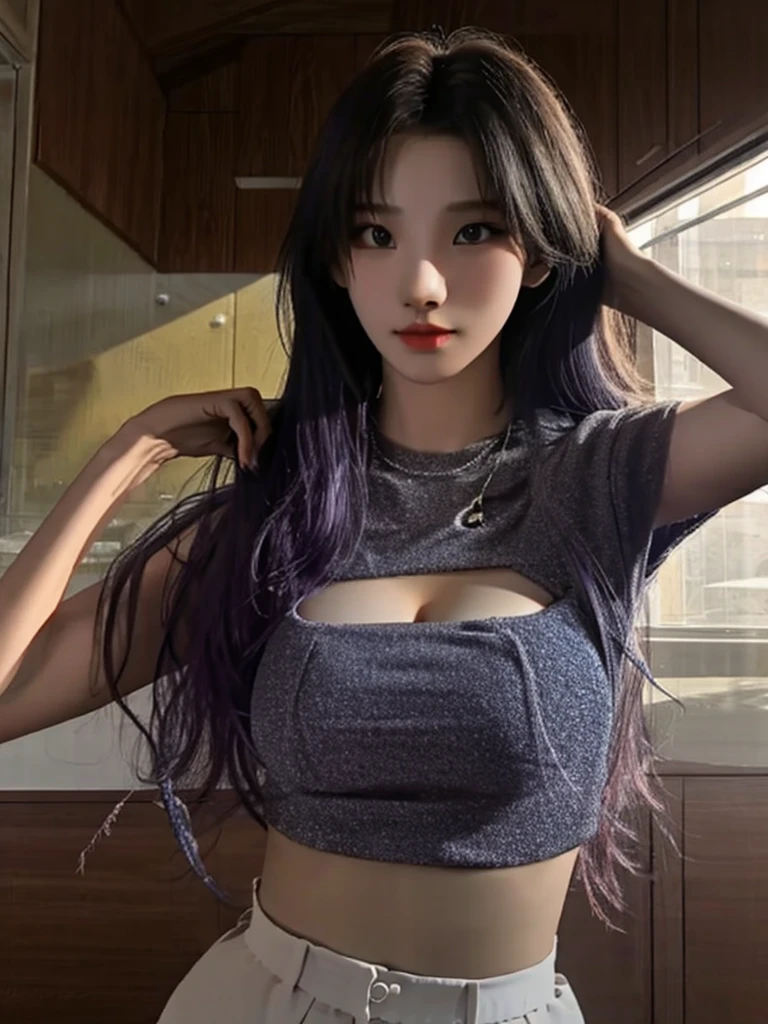 best quality, ultra high resolution,light leaks,dynamic lighting,slender,kpop idol,(beautiful and detailed face:1),1 girl,purple hair,long_hair,(Round face:1.2),(round chin:1.2), (big breasts), is in front of the white wall, (blue short sleeve cleft top), white mini skirt), exposed navel, retro art style