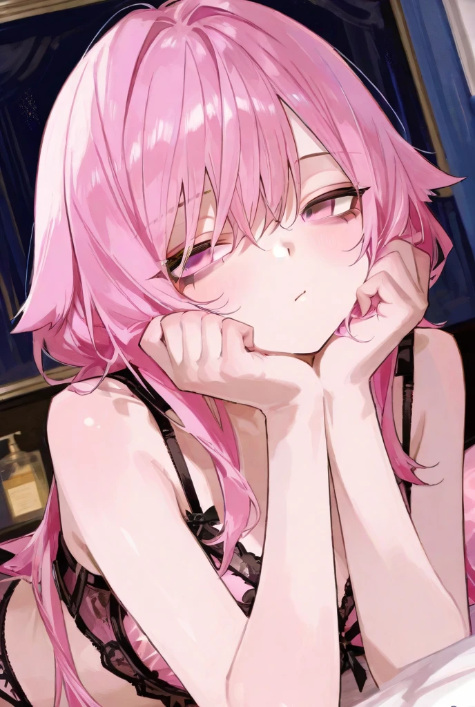 Girl rubbing her chest,20 year old girl,Pink Hair,Embarrassed face,