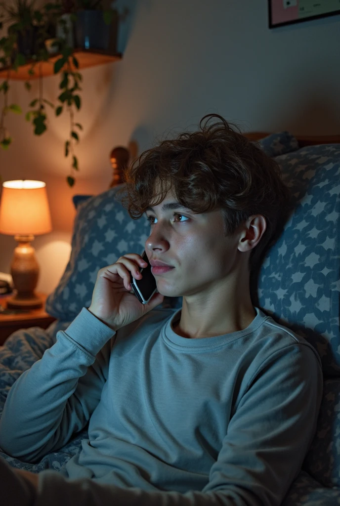 A 22 year old boy with very light skin, and dark brown wavy hair with tattoos on only his right arm dressed in a light gray t-shirt and black pants, is in his room, Calling on his phone but reflecting sadness and agony because no one answers his call




