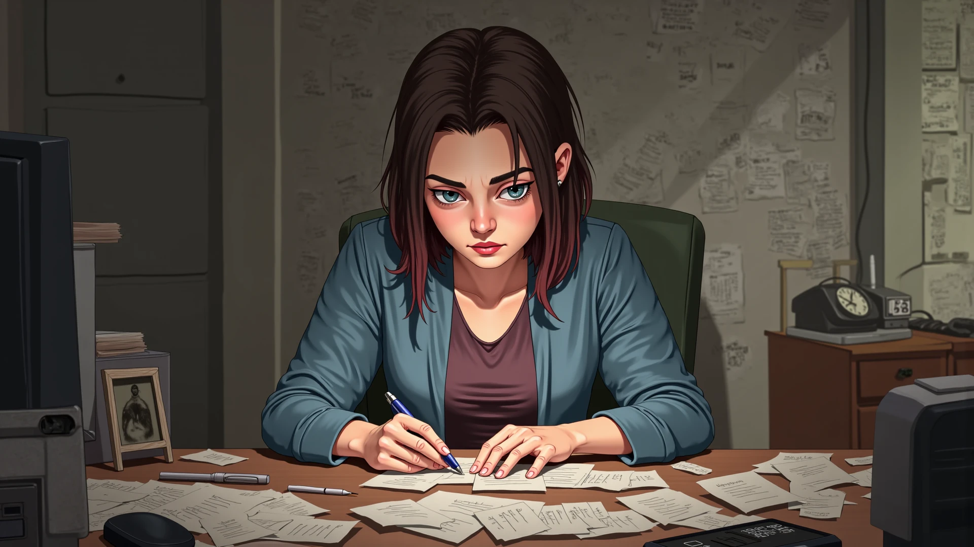 A cartoon version of The Office characters in a day at the office + window view with blood splatters, dark environment flashing light --auto --s2