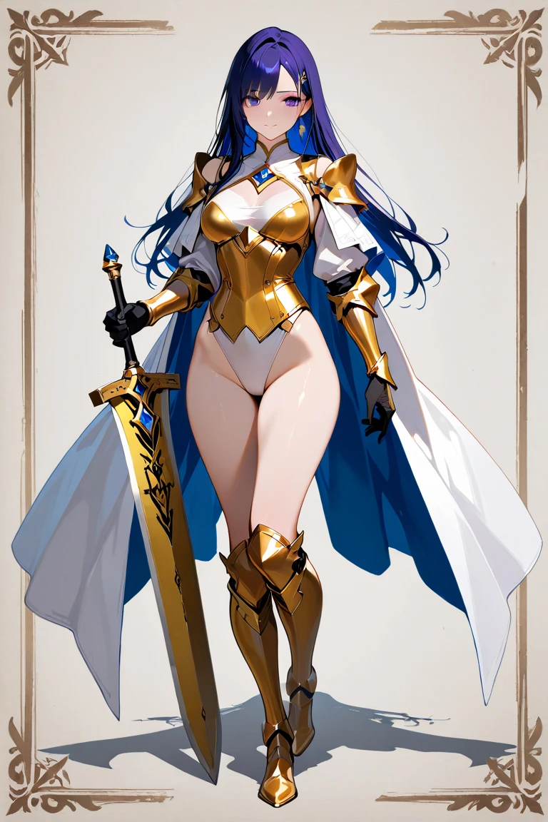 Masterpiece, Best Quality, Extra Detail, 1girl, armor, armored boots, bangs, black hair, blue cape, blue eyes, boots, bra, breasts, cape, cleavage, closed mouth, day, full body, gauntlets, gloves, black gloves, greaves, perfect body, perfect breasts, long hair, looking at viewer, navel, outdoors, panties, pauldrons, ponytail, shiny, shoulder armor, sidelocks, sky, smile, solo, standing, stomach, underwear, white bra, white panties, see-through, covered nipples, covered pussy, uncensored, clenched hands