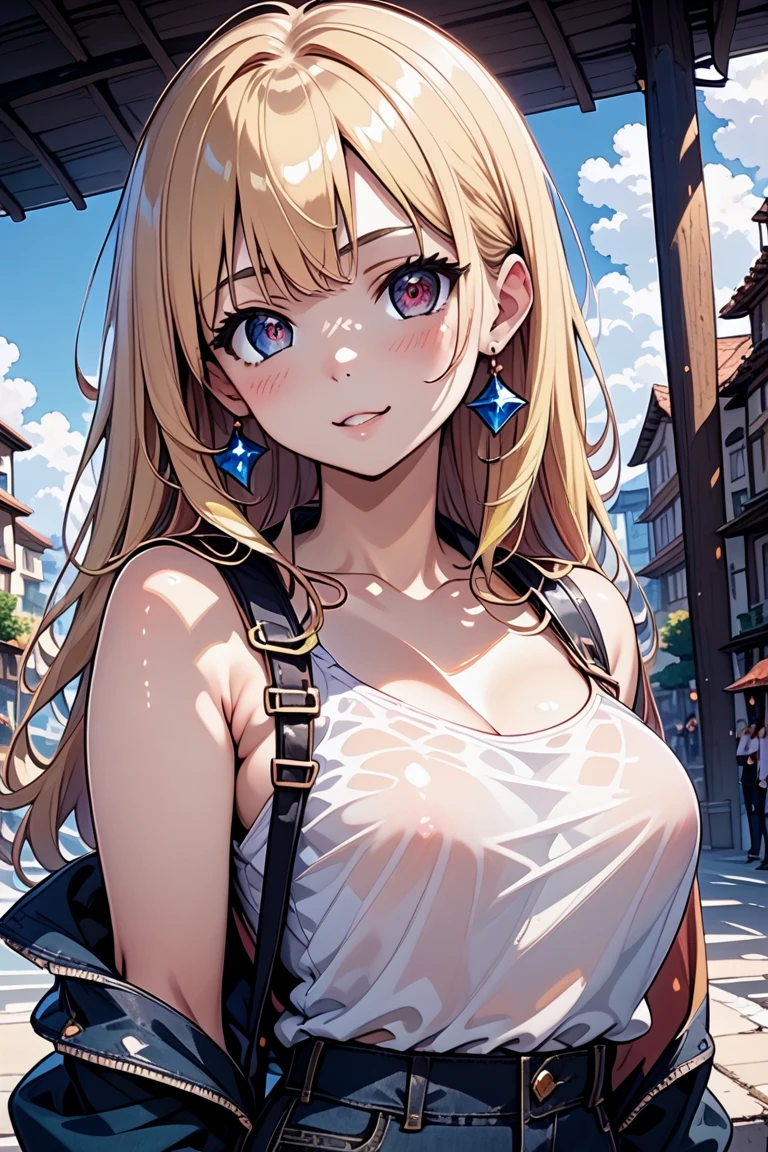 masterpiece, Highest quality, Wolf Girl, elegant, One girl, Wolf Ear, Wolf's tail, cute, Blushed, View your viewers, From above, Blonde wavy hair, mini skirt, black and white striped t-shirt, blue eyes, Beautiful Eyes, Beautiful background, Particles of light, Light of the sun, Dramatic lighting, outside, Shiny, Realistic, masterpiece, Highest quality, ultra-detailed, detailed, scenery, beautiful detailed eyes, detailed hair