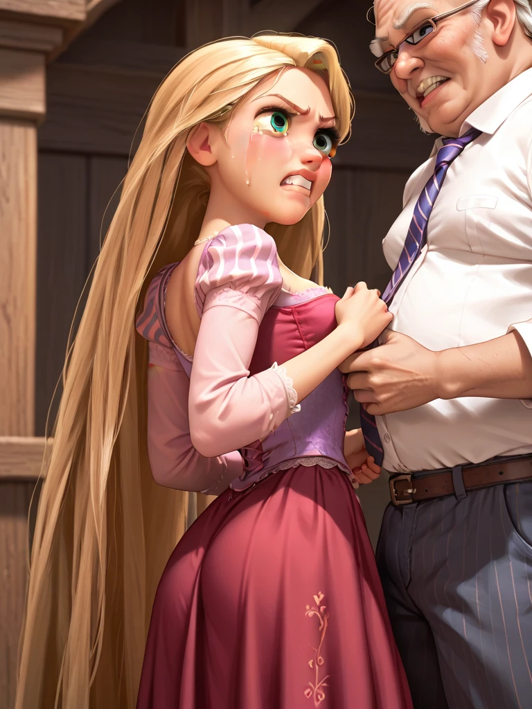 score_9, score_8_up, score_7_up, score_6_up, score_5_up, score_4_up, (anna frozen, long twin braids, violet dress), shy, blushed, open chest, bare bust, naked breast, big breast,standing, (((old man kissing her neck, grab her breast))), indoor, dynamic angle