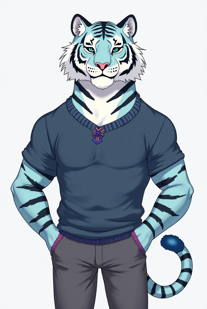 felid, Blue fur, Stripes, Solo, Presenting , Humanoid , unretracted Wrapping, Wrapping, Sexual fluids, Red Eyes, Holding , ejaculation, Yor, masturbation, penile masturbation, two tone hair, Blue hair, White hair