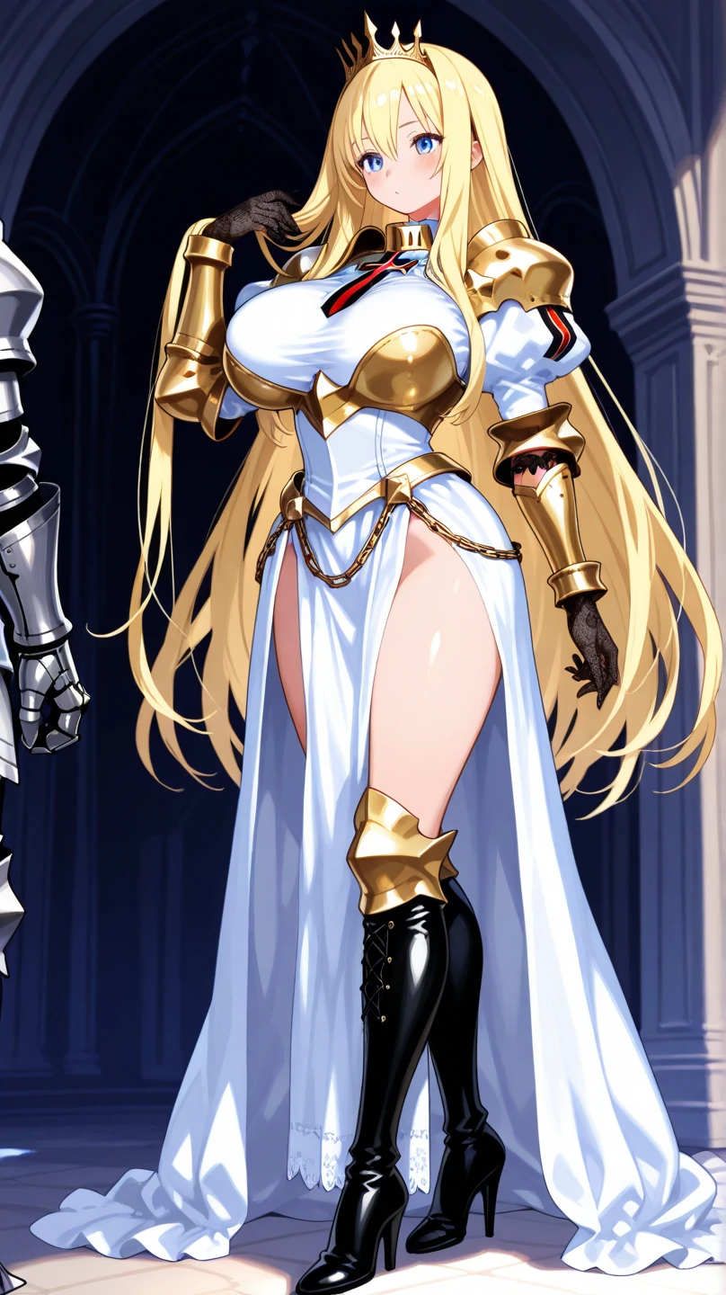 (((masterpiece))),((best quality)),girl,realistic,(robot_girl,Mecha):1.2,Ceramic body, feminine shoulders, golden crown, full puffy lips,blonde hair, she-ra, aesthetic, Network background,detailed city,(Translucent body), (Reflective skin),thigh gap,Detailed face,long hair,Best quality,delicate,(Surreal:1.4),(Big breasts, big thighs, big hips, big calves,):1.2,